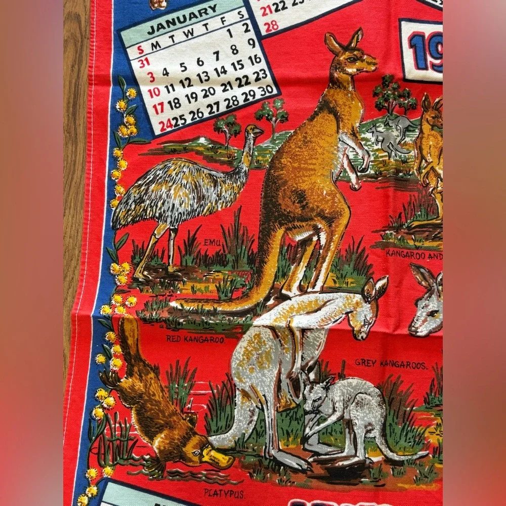 Vintage Red Calendar Tea Towel 1982 Australia Cotton 28”x17.5” Kangaroo Birds